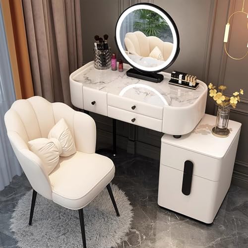 MiaJJooLi Tocador con sillas y espejo LED,Tocador con 5 cajones,Dormitorio Maquillaje Escritorio Cajonera, Almacenamiento para Niñas