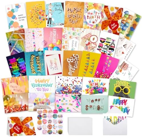 Joyberg 32 PCS Happy Birthday Cards Bulk Birthday Cards with Envelopes, 4x6 Multi-Style Birthday Cards for Kids, Originality Birthday Cards Pack Self-Sealing, Assorted Birthday Cards with Envelopes
