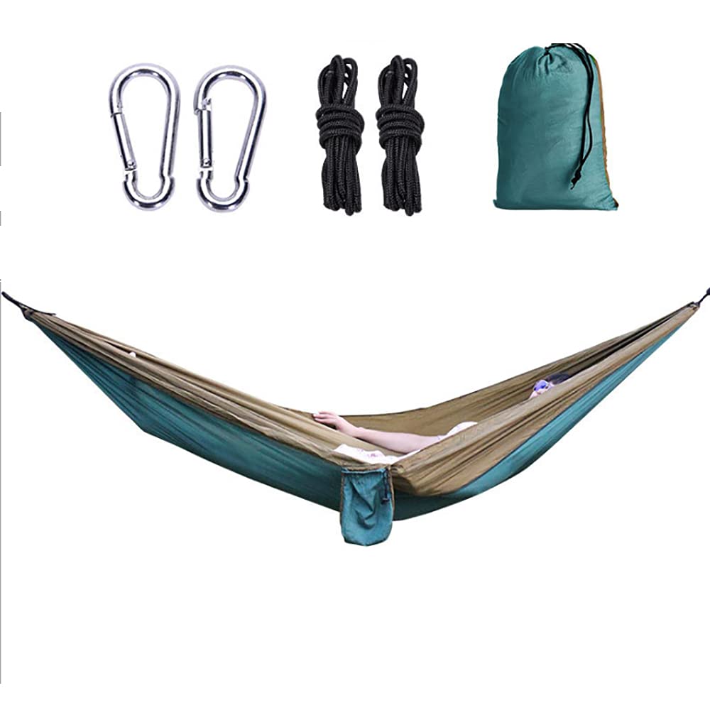 TopHomer Hamaca de camping ligera para exteriores, color verde y gris, 270 x 140 cm, hamaca de nailon portátil para 2 personas