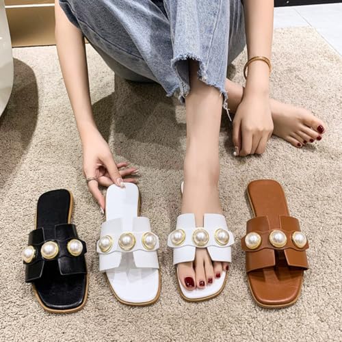 Women's White Flat Sandals with Pearl Open Toe Non-Slip Slippers Fashion Slides for Summer3