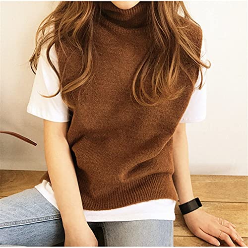 Women's Cashmere Knitted Sleeveless Turtleneck Pullover Sweater Solid Color Sweater Vest,Caramel-M3