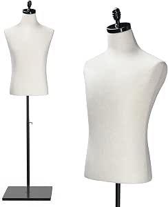 VINGLI Male Mannequin Torso with Wooden/Metal Stand, Adjustable Height, Beige