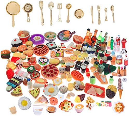 SIX VANKA Miniature Food Drinks Toys 110pcs Mixed Resin Pizza Hamburgers French Fries Wine Decoration Tableware Doll house for Adults Childrens Pretend Play Kitchen Cooking Game Birthday Party Present