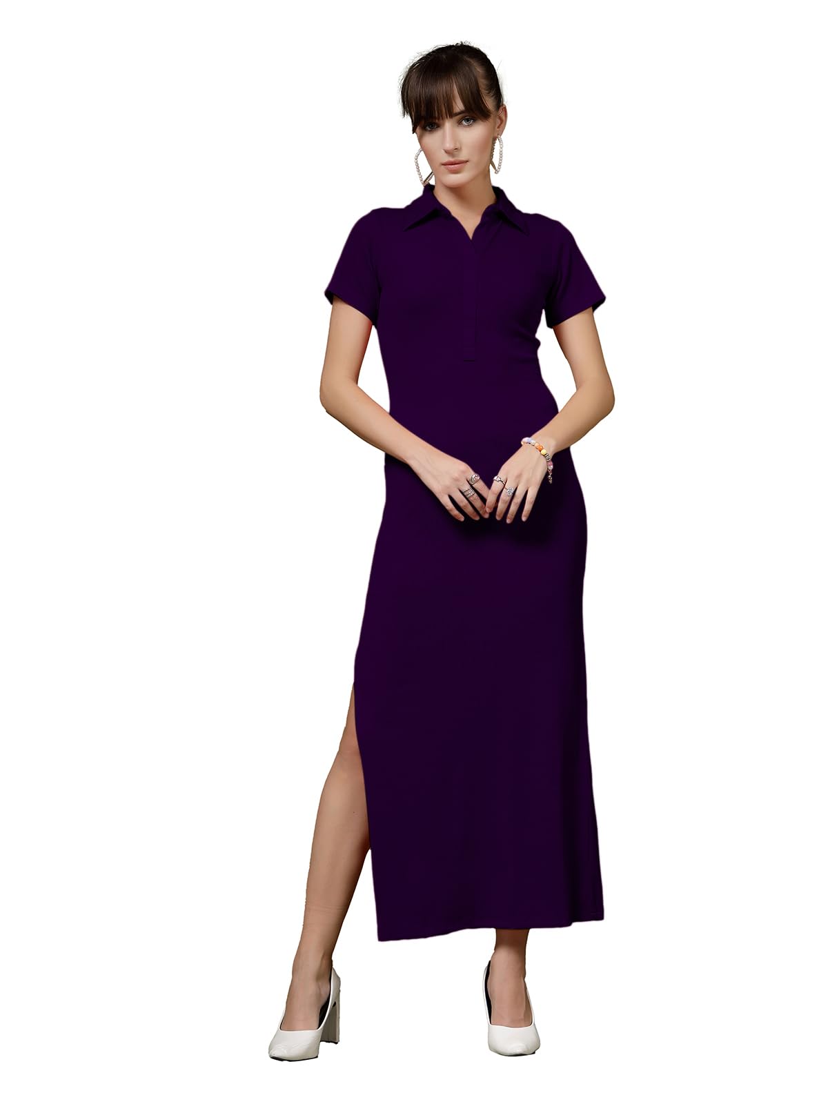 Oomph! Women's Western & Fusion Wear Stretchable Ribbed Lycra Shirt Dress For Women, Bodycon, Purple - Md1008