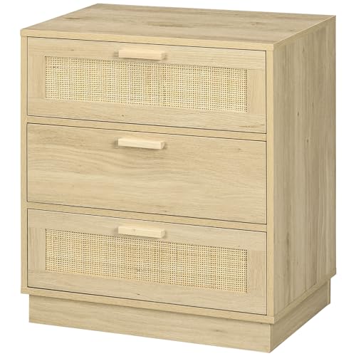 HOMCOM Cómoda de Noche con Cajones de Rejilla de Ratán Cómoda de Dormitorio Estilo Bohemio Antivuelco para Sala 60x38x69 cm Natural