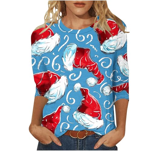 Christmas T Shirt for Women UK,Santa Claus Funny Graphic Xmas Tops Christmas Tree Snowflake Printed Sweatshirt Crew Neck 3/4 Sleeve Pullover Xmas Holiday Blouse Tops for Women Plus Size 8-22