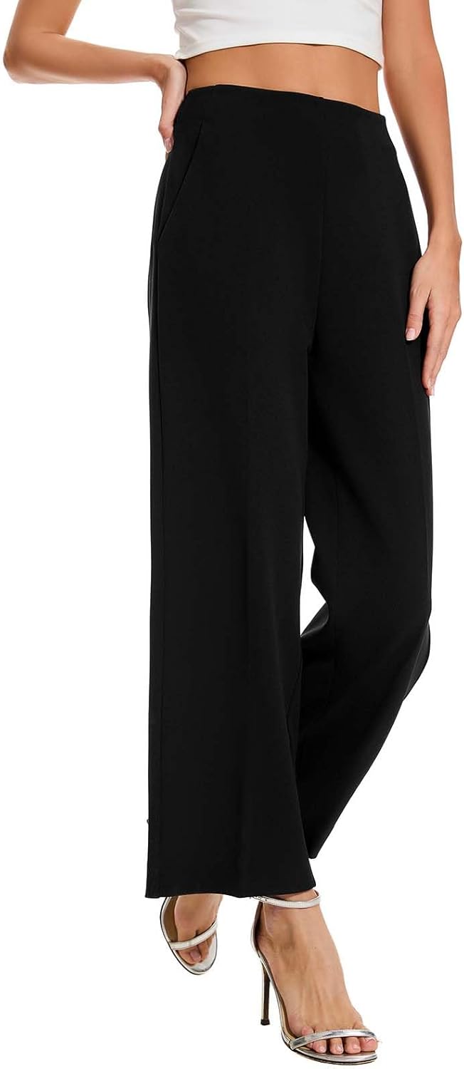 Women High Waist Wide Straight Leg Trousers Casual Slacks Pull On Ankle Pants with Pockets