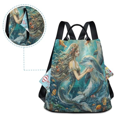Image of ALAZA Sea Mermaid with Dolphins Fish Trips Hiking Camping Rucksack Pack for Women