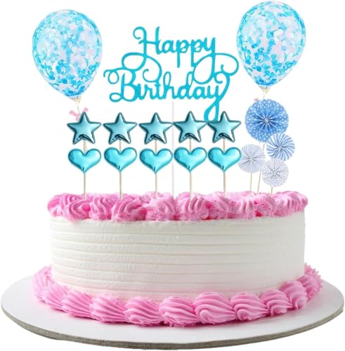 Happy Birthday Decorazioni Torta Compleanno, 17 Pezzi Cake Topper Happy Birthday Decorazione per Torta Compleanno con Cuore Stella Palloncini Coriandoli Ventagli di Carta, per Feste di Compleanno