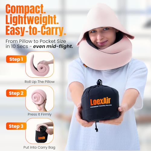Image of LOEXAIR Hooded Pro Travel Pillow - Memory Foam Neck Support Pillow for Airplane, Flight - Super-Soft Pure Cotton Fabric, Maximum Privacy & Light-Block Design, Lightweight Full Travel Kit- Sakura Pink