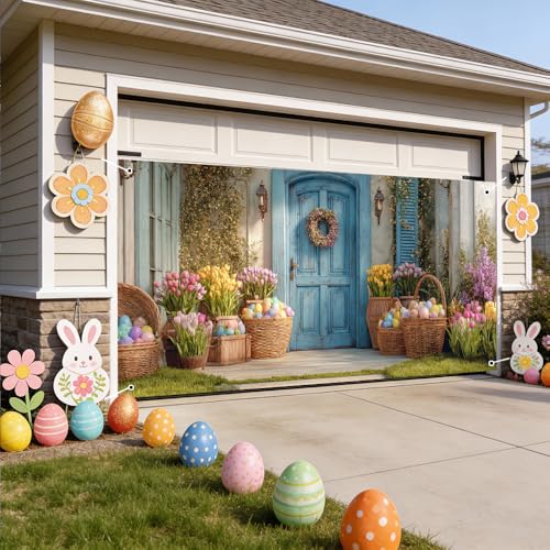 Image of Spring Blue Door Garage Cover 157x70 inch Easter Eggs Basket Tulip Floral Wreath Outdoor Mural Banner Farmhouse Waterproof Home Decor