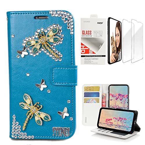 STENES Bling Wallet Phone Case Compatible with Moto G Stylus 5G 2024 - Stylish - 3D Handmade Dragonfly Butterfly Design Leather Girls Women Cover with Screen Protector [2 Pack] - Blue
