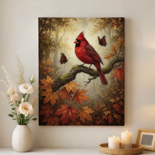 Lienzo decorativo de hojas de otoño y mariposas con acabado realista