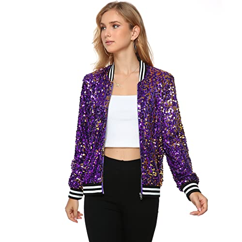 Yutuwomsfushi Womens Long Sleeve Sequin Open Front Zipper Jacket with Ribbed Cuffs Sequin Bomber Jackets for Women Christmas (Purple Small)