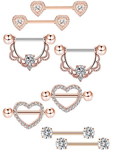 4 Pairs Stainless Steel Nipple Rings Tongue Ring Piercing Body Jewelry Barbell Cz Heart Shape Rings For Women Girls (Rose Gold Bar And White Zirconia) #TOP4