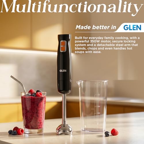 Image of Glen Hand Blender with Detachable Stainless Steel Arm,Low Noise powerfull DC Motor, Slim Grip Easy One-Hand Operation, Ideal for Turbo Speed Control Soups,Saag, Purees & Smoothies- Black (4063 HB BL)
