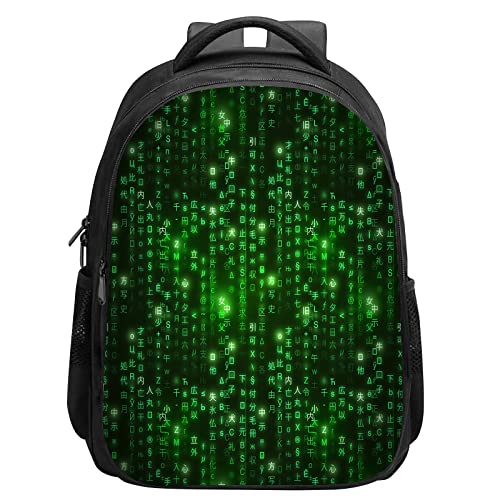 SARA NELL Programmer Green Matrix Binary Code Backpack for Boys Girls, Durable Bookbag with 2 Main Compartment, Side Pockets, Kindergarten Elementary Backpack, 15.7 Inches…