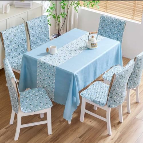 Image of HOMETHREADS Premium Cotton Chair Cover Set | Soft & Comfortable Seat Covers with Anti-Skid Non-Slip Backing + Waterproof Dining Table Cover (140x180 cm) (Beige Blue, 4 Chair Covers + 1 Table Cover)