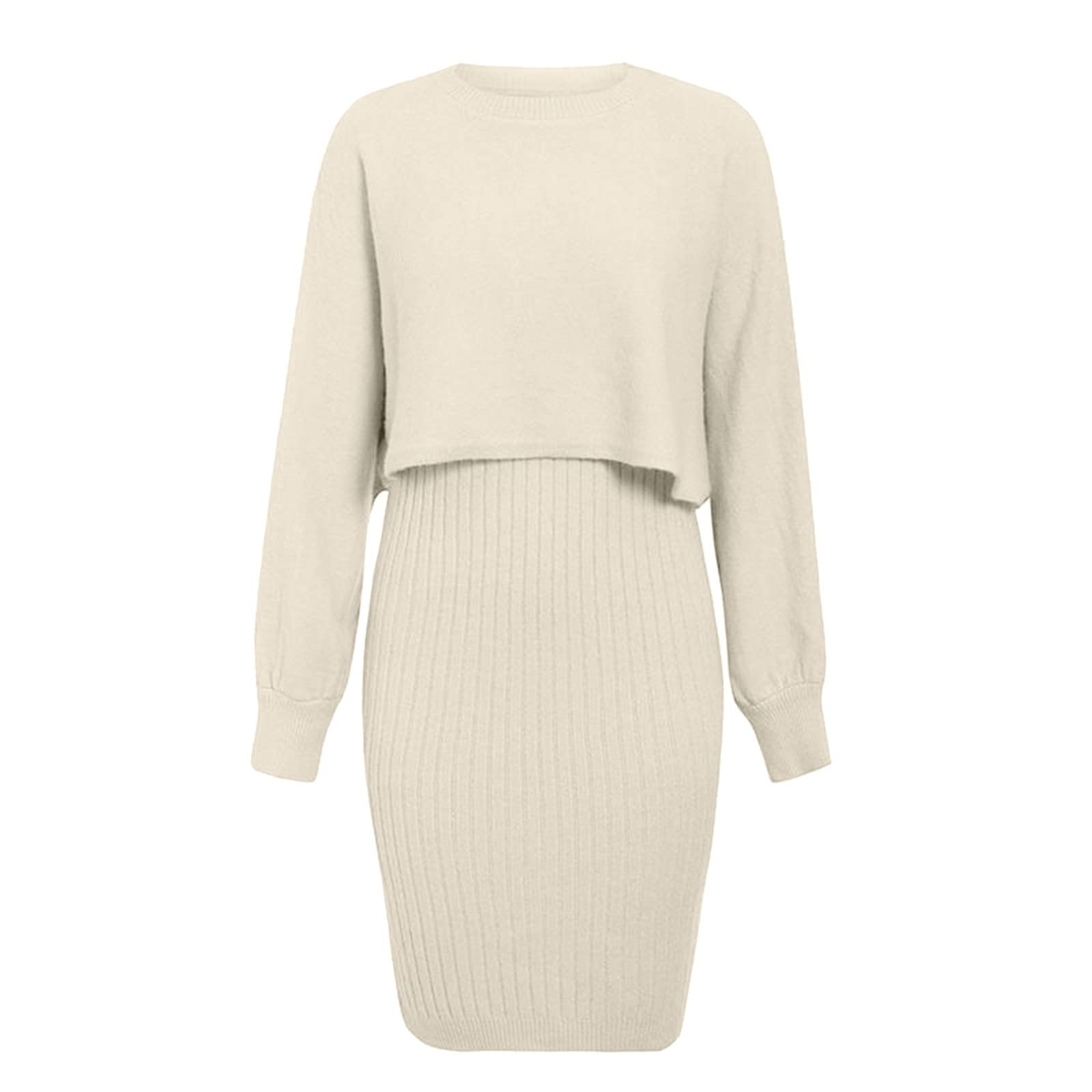 Strickpullover Strickkleid Zweiteiler Set Fauler Stil Pulloverkleid für Damen Einfarbiges Gestrickt Kleid Set Oberteil Pullover und Kleid Bodycon 2 Teiliges Sweater Strickkleid Pullikleid Minikleid
