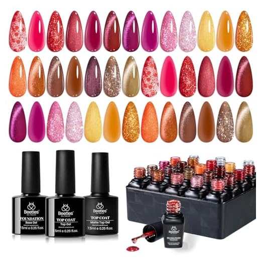 Conjunto de esmalte Beetles Fall Gel – 20 cores Cat Eye Glitter UV LED Gel de imersão para unhas com base brilhante fosco top coat vermelho laranja amarelo marrom kit de esmalte de gel para presente