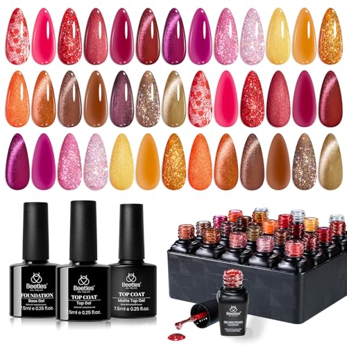 Image of Beetles Gel Nail Polish Set - Opulent Glow Cat Eye Gel Polish, 20 Colors Red Orange Yellow Glitter Brown, Soak Off UV LED with Base Glossy Matte Top Coat for DIY Manicure Gift for Women