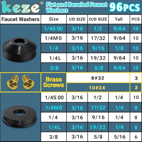 KEZE 96 PCS 10 Size Faucet Washers Assorted Kit with Brass Bibb Screws Assortment Flat and Beveled Rubber Washer for DIY Outdoor Faucets Stem Leak Worn Out Seal Repair