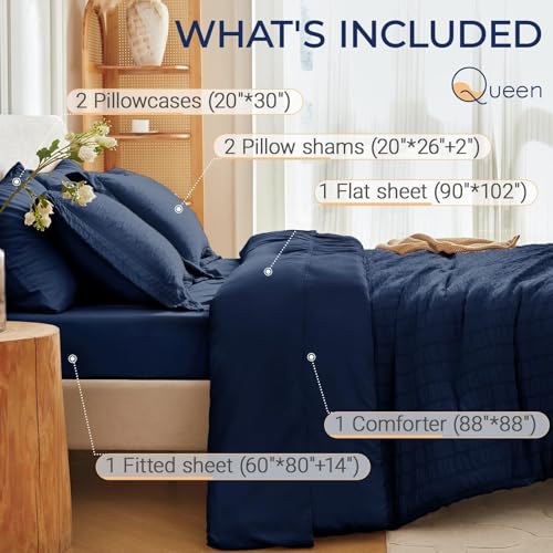 Image of MUXHOMO 7 Pieces Queen Comforter Set, Seersucker Bed in a Bag Queen Size, All Season Luxury Bedding Set with Comforter, Flat Sheet, Fitted Sheet, Pillowcases & Shams, Navy Blue