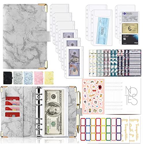 A6 Budget Binder Budget Planner - 66pcs PU Leder Notizbuch Ordner mit Reißverschluss klaren Geldfäc, Budgetplaner und Monatsrechnungsorganisator (Grau) Cover