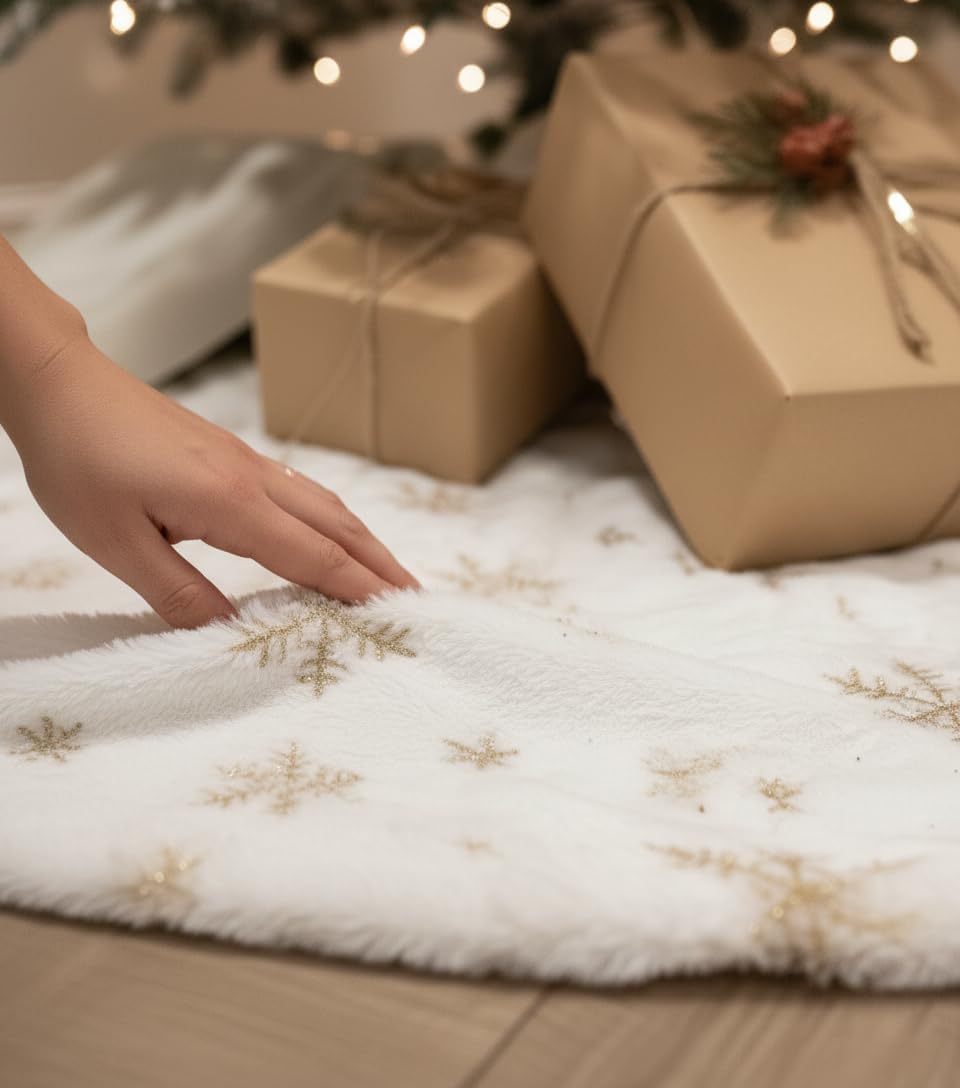 AOGU 48 Inch Sequin Faux Fur Christmas Tree Skirt Decoration for Merry Christmas Party White Plush Gold Sequin Snowflake Xmas Christmas Tree Skirt Decorations