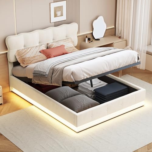 Polsterbett 160x200 cm, Jugendbett mit Gepolstertes Kopfteil und Lattenrost, Hydraulisch Stauraumbett mit Bettkasten, Gepolstertes Bett für Schlafzimmer und Gästezimmer, Ohne Matratze, Samt, Beige