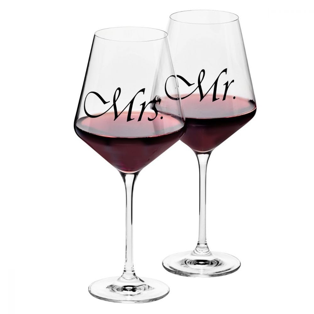 Krosno Mr & Mrs Wine Glasses, Set of 2, 18.6 oz, Avant-Garde Collection, Crystal Glass, Ideal Wedding Gift, Dishwasher Safe, Made in Europe