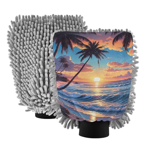 STAYTOP Beach Sunset Car Wash Mitt Microfiber, 2Pcs Scratch Free Lint-Free, Premium Chenille Microfiber Mitt Car Wash Brush-L