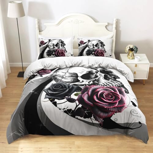 AILONEN Sugar Skull Duvet Cover Set King Size,Black and White Skull Gothic Comforter Cover Set,3 Piece Rose Skeleton Comforter Cover with 2 Pillowcases