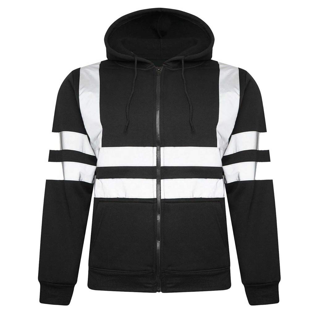 AK Garments Hi Vis Zip Hooded Sweatshirt High Visibility Reflective Tape Band Work Fleece Safety Hoodie Sweat Shirts Jacket Warm Security Workwear Work Wear Jumper Tops (S, Black)