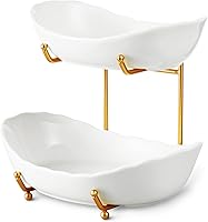 HOMKULA 2-Tier Ceramic Fruit Bowl for Kitchen Counter - Gold & White Tiered Stand, Small Cute Display for Fruits, Snacks & Parties