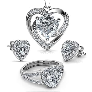 DEPHINI – Crystal Jewelry set – Heart Necklace Earrings & Ring – 925 Sterling Silver – Jewelry set for women – CZ Crystals