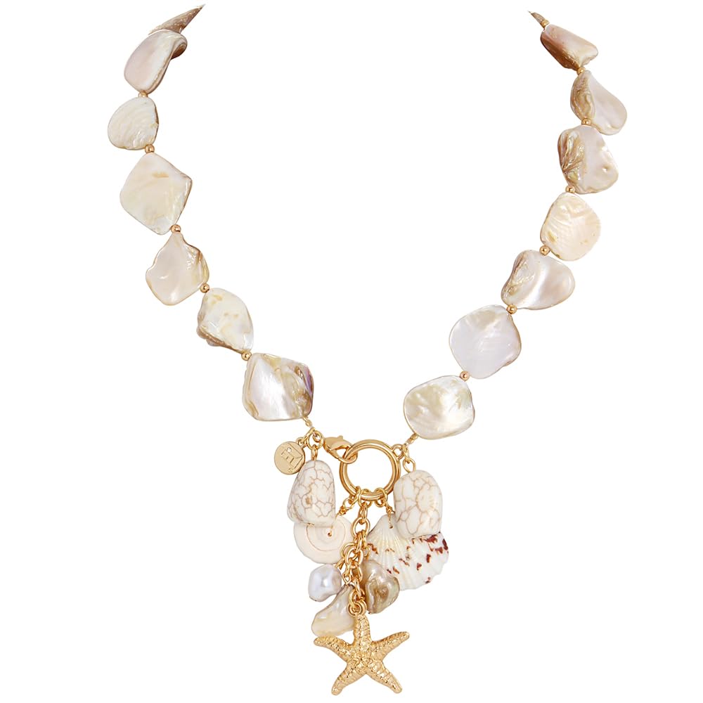 FirstmeetNatural Freshwater Shell Choker With Pearl Starfish Turquoise Pendant Irregular Mother of Pearl Necklaces for Women