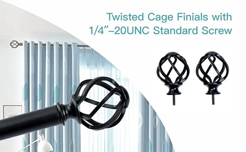 Window Treatment Finials,Twisted Cage Decorative Curtain Rod Finials,Fit For 1" Or 7/8" Curtain Rod With 1/4” - 20 Unc Screws Drapery Rod Replacement Finials,Set Of 2 (Matte Black) #TOP3