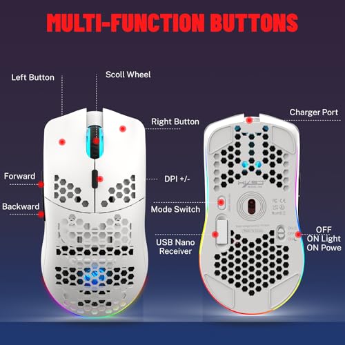 Image of Wireless Gaming Mouse, 2.4Ghz Rechargeable Mouse with 6 Programmable Buttons, 5 DPI Levels, Computer Mouse for Window Mac Laptop (White)