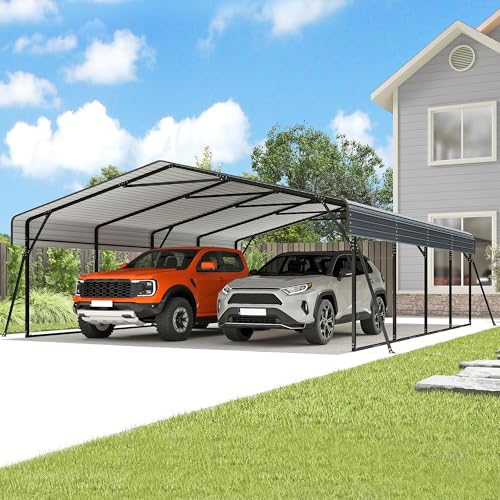 Heavy Duty Metal Carport, 20x20FT Carport Canopy with Galvanized Steel Roof and Reinforced Frame, 4 Support Rods, Outdoor Garage Car Shelter Shade for 2 Cars, Boats and Truck, Party, Gray