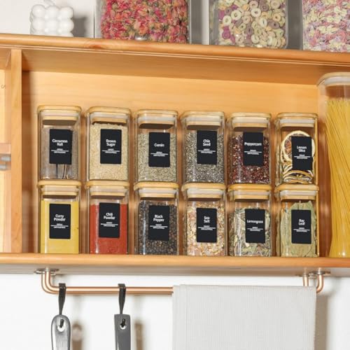 Image of CAKETIME Spice Jars with Airtight Bamboo Lid [Square, Pack Of 12, 270ml] - Glass Spice Bottles, Seasoning Containers for Salt, Sugar, Coffee Beans - Set of 12 Jars with Wooden Lids