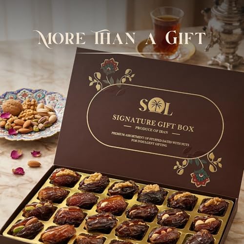 Image of Premium Dates Gift Box with Assorted Nuts - Stuffed Khajoor with Almond, Pistachio, Hazelnut & Walnut | Healthy Dry Fruit Snack | Luxury Gift Pack (24 Pcs)