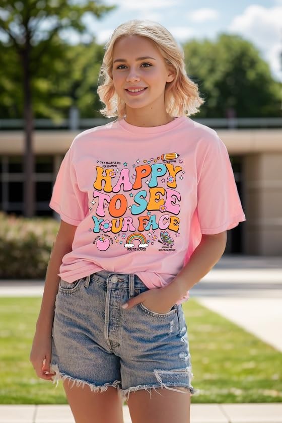 Teacher Shirts for Women Happy to See Your Face Tshirt Funny Back to School Teacher Gift Tee Tops - Image 3