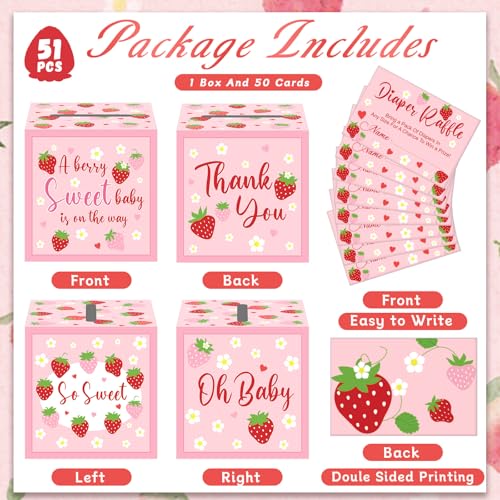 Image of 51Pcs Pink Strawberry Diaper Raffle Tickets with Box Strawberry Baby Shower Game Kit Party Decors Favor A Berry Sweet Baby Is On The Way Holder Box for Girl Boy Gender Reveal Party Invitation Supplies