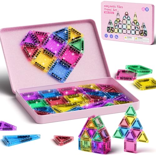 YOGOHEE Lot de 42pcs magnétiques de Voyage à Paillettes Jouet de Voyage pour Enfants Carrelage Magnétique avec Base en Fer Blocs de Construction...