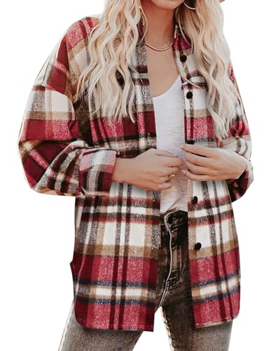 Zeagoo Hemdjacke Karierte Damen Hemdbluse Langarm Shacket Mantel Flanell Jacke mit Knöpfen Rot M