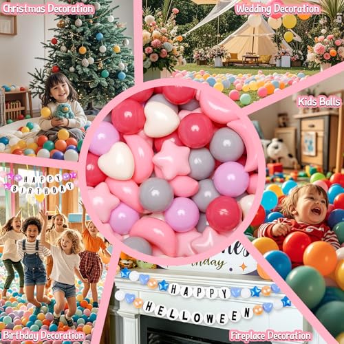GOGOSO Star Heart Moon Ball Pit Balls, Shaped Play Balls for Ball Pit, 100 200 500 1000 Crush Proof Bpa Free Kids Toddler Baby Pastel Pelotas,Gentle Pink Hue, 100