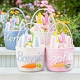 XGSiNuoBao Personalized Easter Basket with Name, Custom Bunny Easter Egg Hunt Buckets Basket Cotton Rope Tote Storage Organizer Decorations, Easter Gifts for Boys Girls
