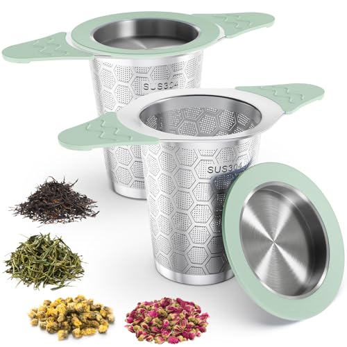 Yomanta Teesieb für Losen Tee 2 Stück - Teesieb Edelstahl 304 mit Silikon Griff & Deckel 0.4mm Feinmaschig Teefilter für Tasse und Teekanne - grün