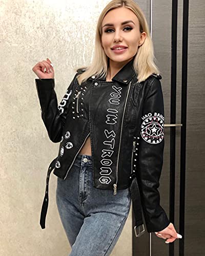 LY VAREY LIN Women's Print Faux Leather Punk Jacket Biker Motorcycle Jacket with Belt3